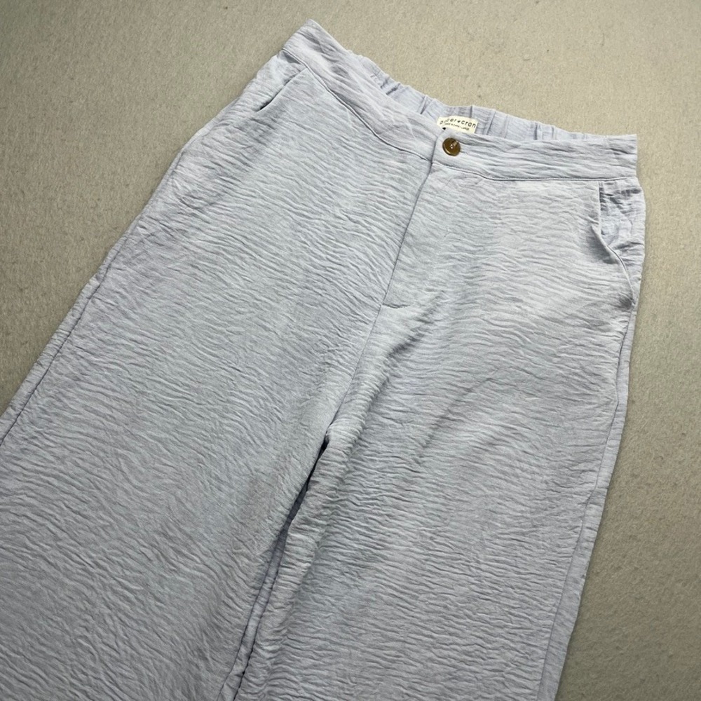 Paper Crane Wide Leg Textured Plisse Pants Light Blue Lavender Large Boho Y2K